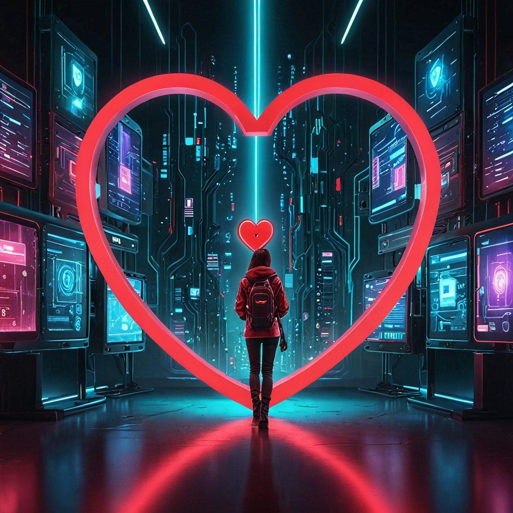 A heart shaped digital lock symbolizing love and security in a tech-inspired world. Show a couple holding hands, surrounded by computer screens displaying various online platforms. Incorporate elements like shields and keys to symbolize protection against identity fraud. Vivid colors to illustrate warmth and affection, contrasted with cold tech hues. cyberpunk. vibrant colors. 3D.