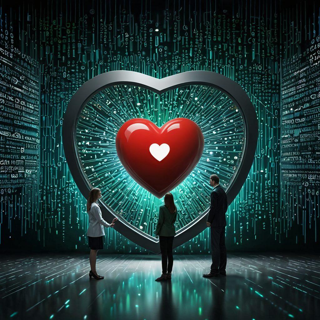 A heart-shaped digital shield symbolizing protection, surrounded by binary code representing identity fraud and cyber threats. In the background, a couple stands united, holding hands, facing the shield with determination. Elements of technology like padlocks and alarm signals are subtly integrated into the design. The color scheme should convey trust and safety with blue and green tones. super-realistic. vibrant colors.