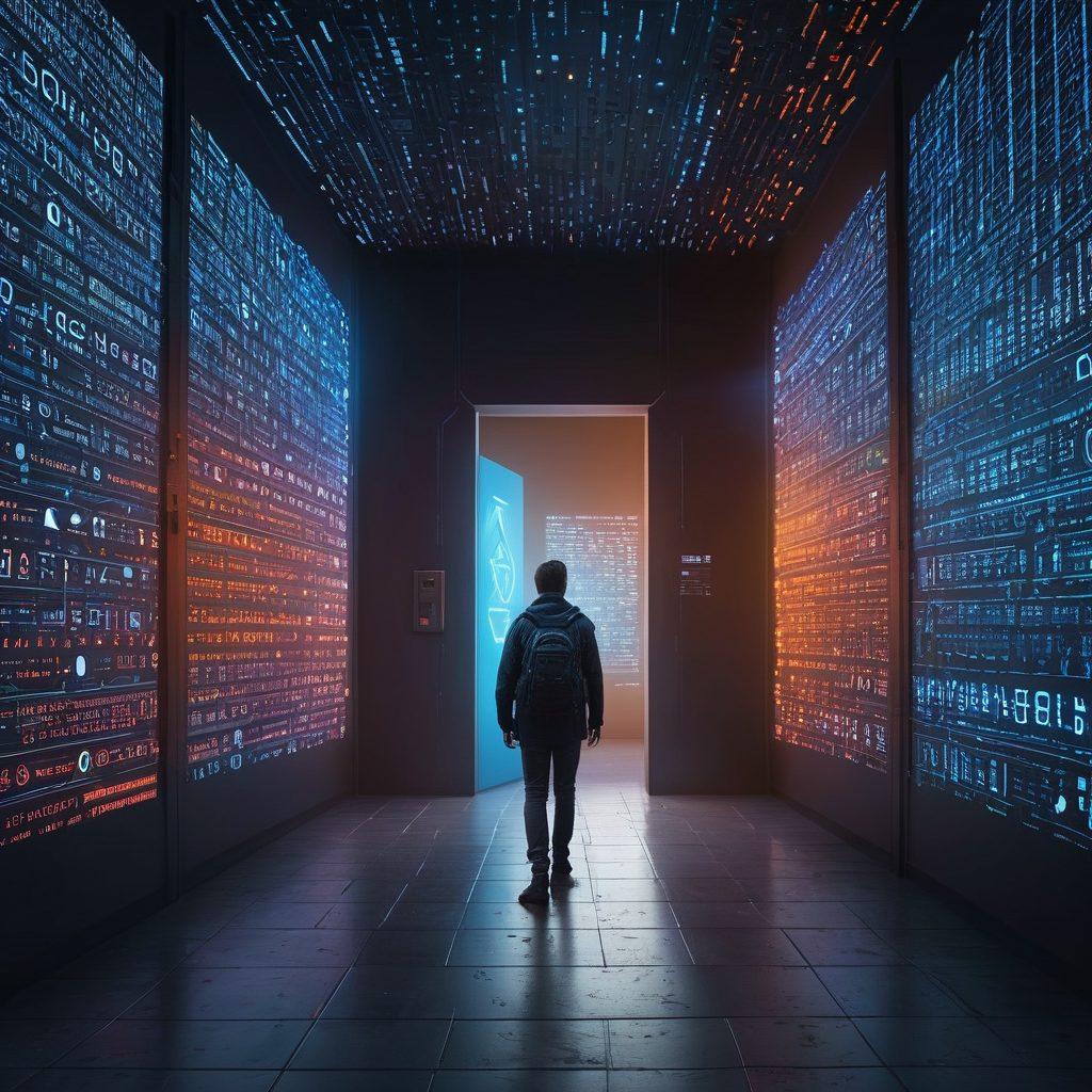 A secure digital fortress, symbolizing protection against identity theft, with strong, glowing walls made of binary code. Surrounding the fortress are various online threats like shadowy figures and warning signs, contrasted by bright, reassuring symbols of trust, like shields and locks. The background blends a calm blue sky with a gradient of digital elements, signifying a high-tech world. super-realistic. vibrant colors. 3D.